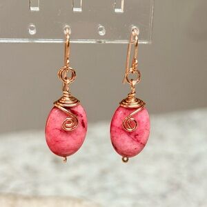 Artisan Oval Pink Agate Stone Wire Wrapped Dangle Earrings